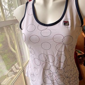 SMALL FILA WOMENS ATHLETIC TANK TOP WHITE BLUE PIPING RED BLUE CIRCLE PRINT